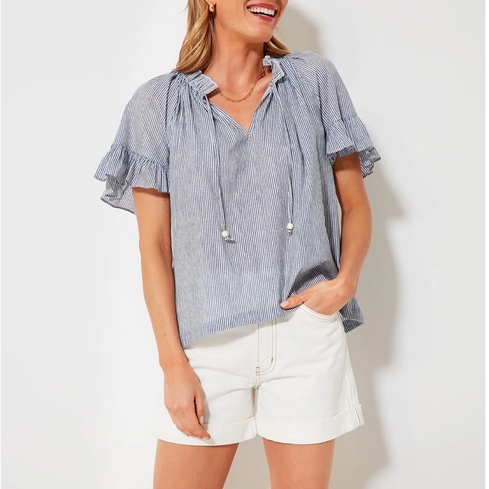 Tuckernuck Blue Striped Cassis Top. Ruffled collar & sleeves. XL. EUC